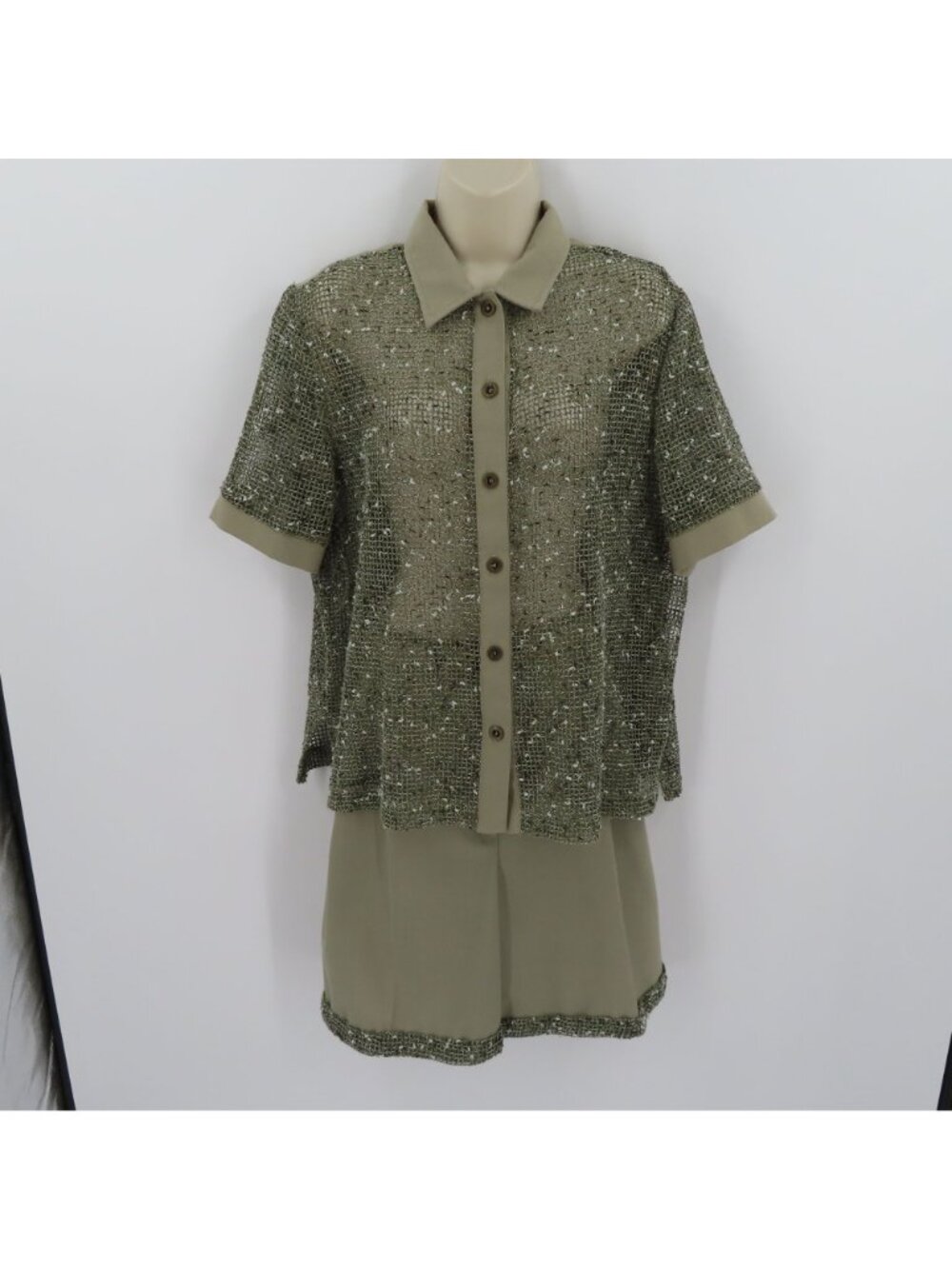 VTG Marshall Women 16 Green Sheer Mesh Collared Shirt Shorts 2 Piece Set Safari - Picture 16 of 16
